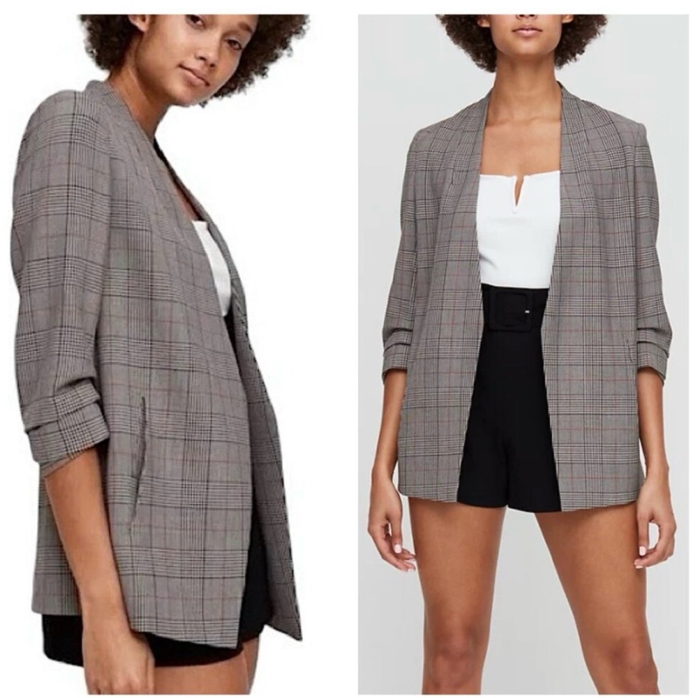BABATON (Aritzia) 4 Houndstooth
Power Blazer Open Front Jacket Ruched Sleeve